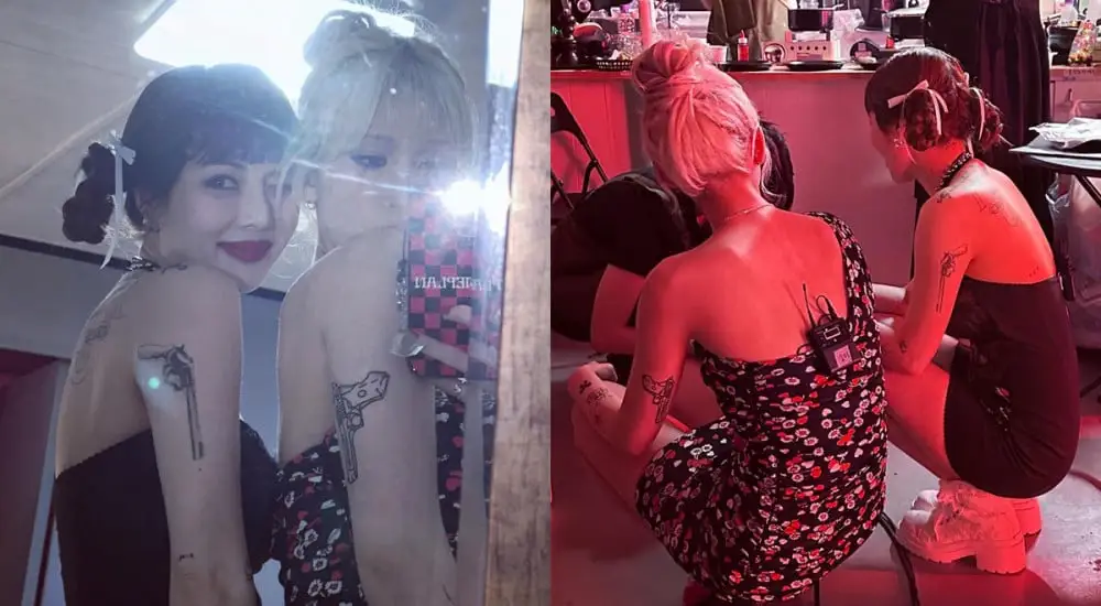 HyunA i Jeon So Mi mostren els seus tatuatges de pistoles bessones